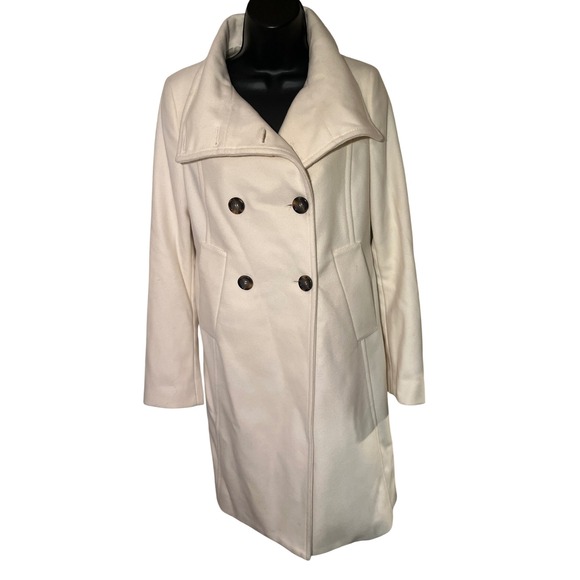 United Colors Of Benetton Jackets & Blazers - Cream Double Breasted Peacoat Hi Neck Button Up Warm Winter Coat wool blend SZ M